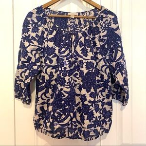 Loft Blue Floral Long Sleeve Front Tie Blouse